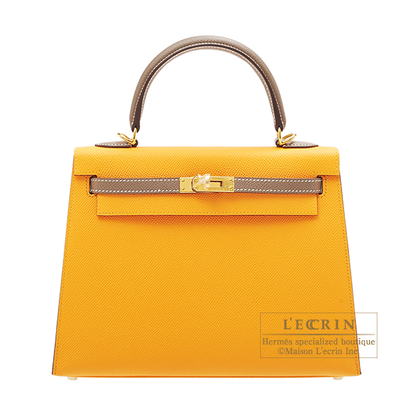 Hermes Personal Kelly bag 25 Sellier Jaune d'or/ Etoupe grey Epsom leather  Gold hardware