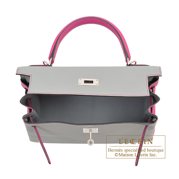 Hermes Personal Kelly bag 28 Retourne Gris mouette/ Rose purple Togo  leather Matt silver hardware