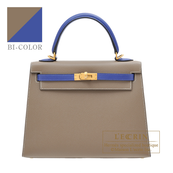 Hermes　Personal Kelly bag 25　Sellier　Etoupe grey/　Blue electric　Epsom leather　Matt gold hardware