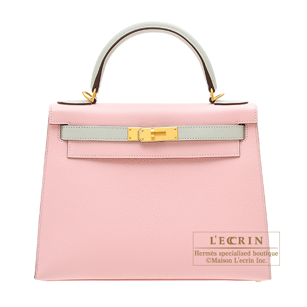 Hermes　Personal Kelly bag 28　Sellier　Rose sakura/　Pearl grey　Chevre myzore goatskin　Matt gold hardware