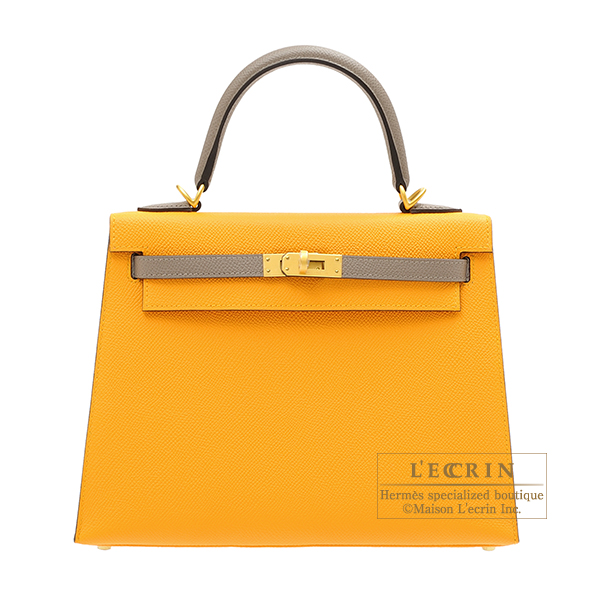 Hermes　Personal Kelly bag 25　Sellier　Jaune d'or/　Gris asphalt　Epsom leather　Matt gold hardware