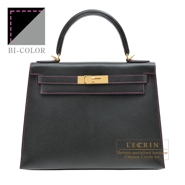 Hermes　Personal Kelly bag 28　Sellier　Black/Pearl grey　Chevre myzore goatskin　Gold hardware