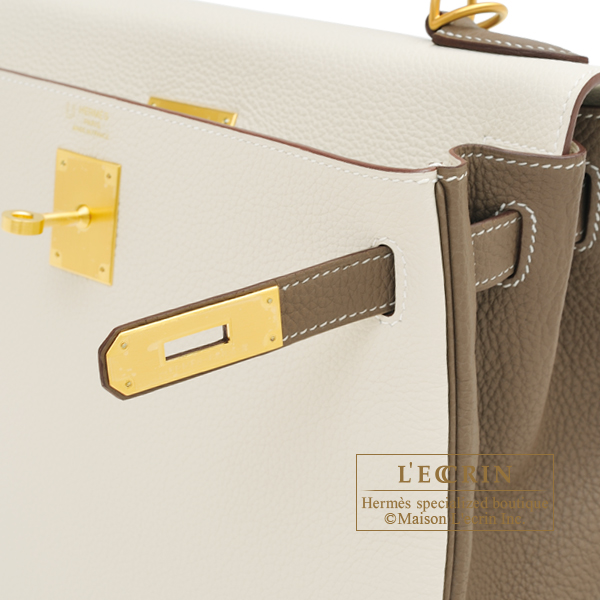 Hermes Personal Kelly bag 28 Retourne Craie/ Etoupe grey Togo leather Matt  gold hardware