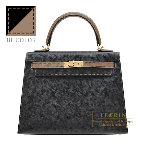 Hermes　Personal Kelly bag 25　Sellier　Black/　Etoupe grey　Epsom leather　Champagne gold hardware