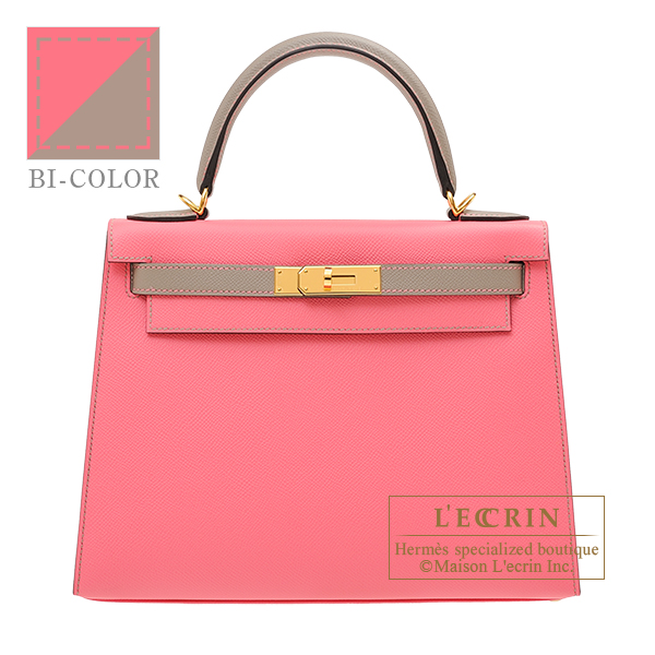 Hermes　Personal Kelly bag 28　Sellier　Rose azalee/　Gris asphalt　Epsom leather　Gold hardware