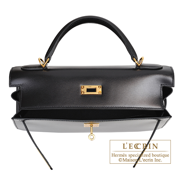 Hermes Kelly 32 Black Box Gold Satchel Shoulder Bag With