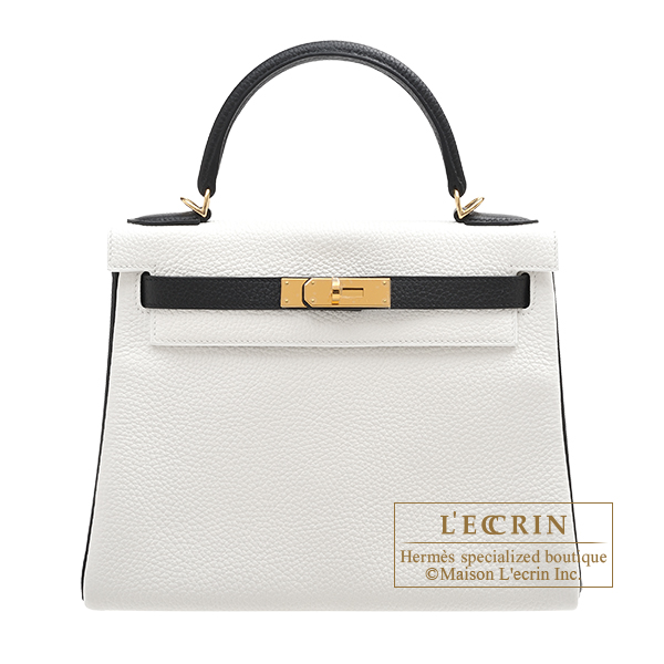 Hermes　Personal Kelly bag 28　Retourne　White/　Black　Clemence leather　Gold hardware