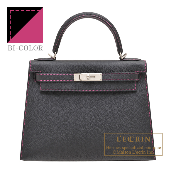 Hermes　Personal Kelly bag 28　Sellier　Black/　Rose purple　Togo leather　Matt silver hardware