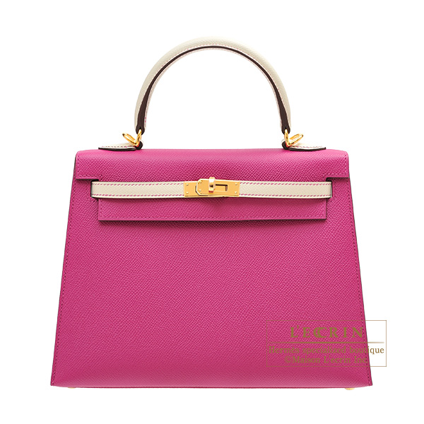 Hermes Personal Kelly bag 25 Sellier Rose purple/ Craie Epsom leather Gold  hardware