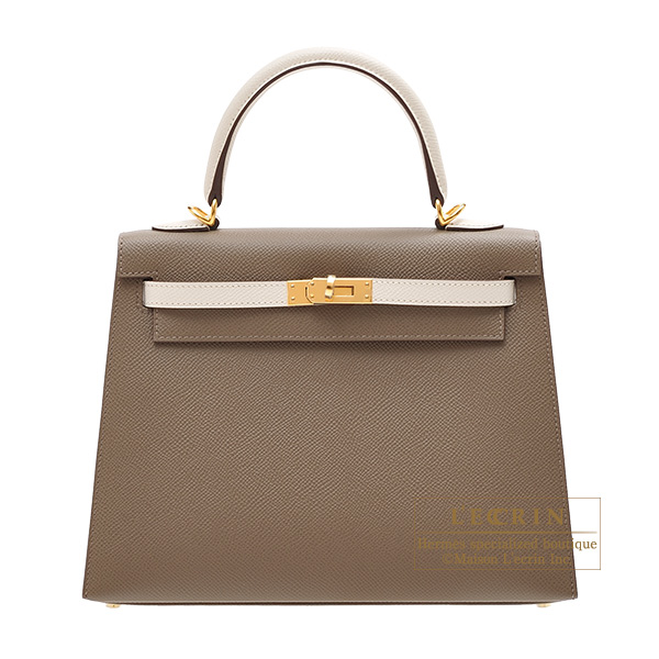 Hermes　Personal Kelly bag 25　Sellier　Etoupe grey/　Craie　Epsom leather　Gold hardware