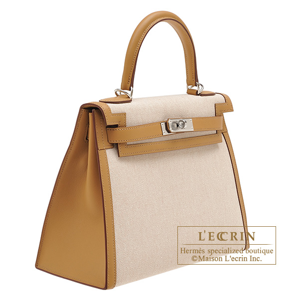 Hermes Kelly bag 28 Sellier Biscuit/Ecru Swift/Toile H Silver hardware