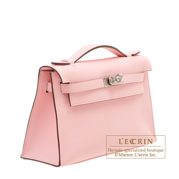 Hermes Kelly pochette Rose sakura Swift leather Silver hardware