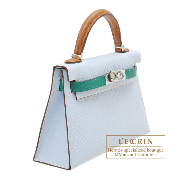 Hermes Kelly bag mini Tricolore Sellier Blue brume/Vert Jade/Gold Epsom  leather Silver hardware
