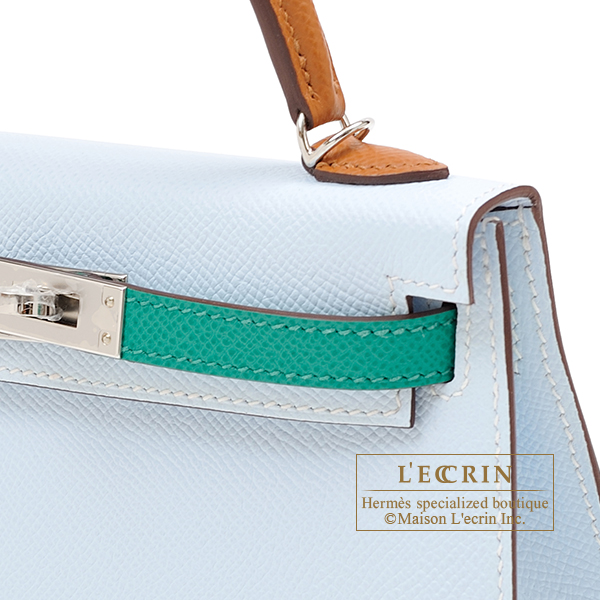 Hermès Kelly Sellier Mini II Limited Edition Tricolor Blue Brume / Gold /  Vert Jade Epsom PHW from 100% authentic materials!