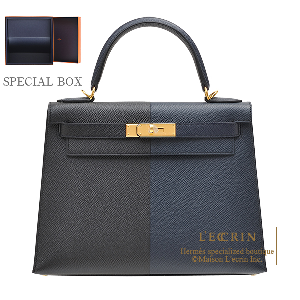 Hermes　Kelly Casaque bag 28　Sellier　Blue indigo/Black/Blue frida　Epsom leather　Gold hardware