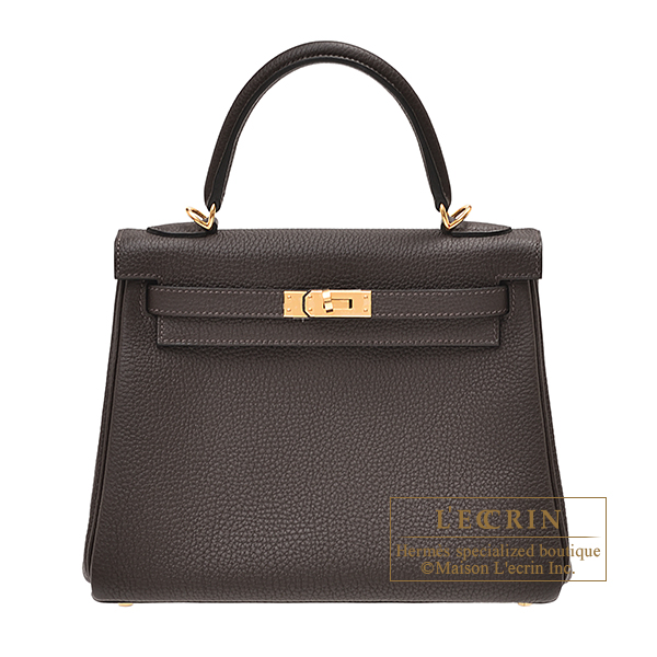 Hermes　Kelly bag 25　Retourne　Ebene　Togo leather　Gold hardware