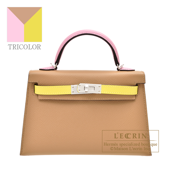 Hermes Kelly bag mini Tricolore Sellier Chai/Jaune citron/Mauve sylvestre  Epsom leather Silver hardware