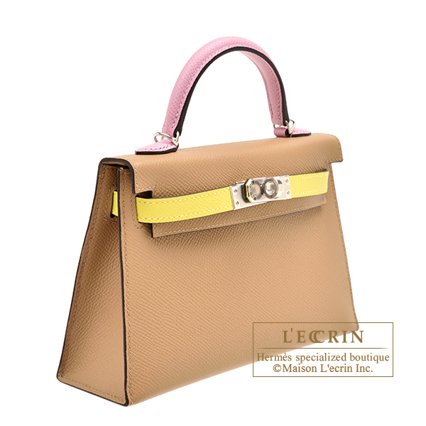 Hermes Kelly bag mini Tricolore Sellier Chai/Jaune citron/Mauve sylvestre  Epsom leather Silver hardware