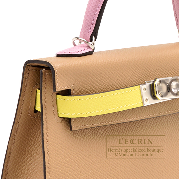 Hermes Kelly bag mini Tricolore Sellier Chai/Jaune citron/Mauve sylvestre  Epsom leather Silver hardware