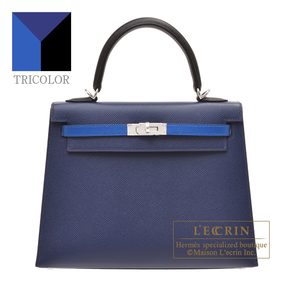 Hermes　Kelly Tricolore bag 25　Sellier　Blue saphir/Black/Blue france　Epsom leather　Silver hardware