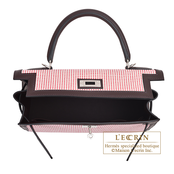 HERMES Kelly bag 28 Sellier Rouge sellier/Ecru/White/Framboise Swift/Toile  Quadrille Silver hardware