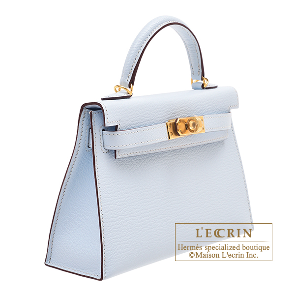 Hermes Kelly bag mini Sellier Blue brume Chevre myzore goatskin Gold  hardware