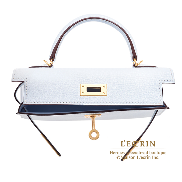 Hermes Kelly bag mini Sellier Blue brume Chevre myzore goatskin Gold  hardware