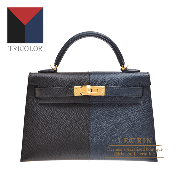 Hermes Kelly Casaque bag mini Sellier Blue indigo/Black/Rouge grenat Epsom  leather Gold hardware