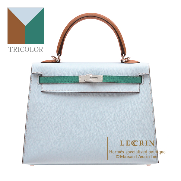 Hermes　Kelly Tricolore bag 25　Sellier　Blue brume/Vert Jade/Gold　Epsom leather　Silver hardware