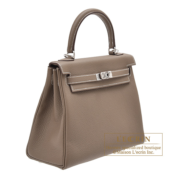 Hermes Kelly bag 25 Retourne Etoupe grey Togo leather Silver hardware