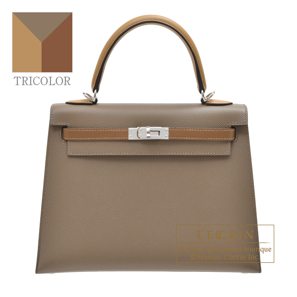 Hermes　Kelly Tricolore bag 25　Sellier　Etoupe grey/Alezan/Biscuit　Epsom leather　Silver hardware