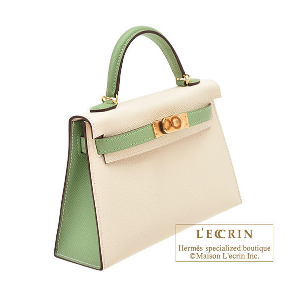 Hermes Personal Kelly bag mini Sellier Nata/ Vert criquet Epsom leather  Gold hardware