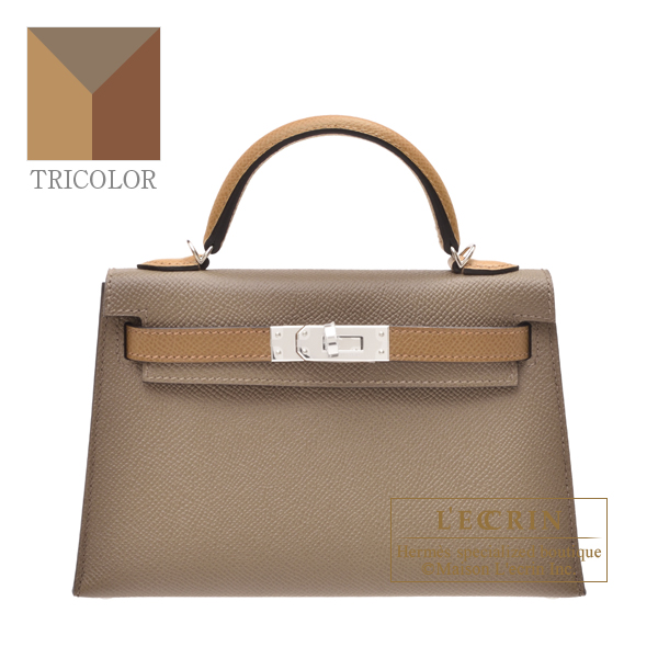 Hermes　Kelly bag mini Tricolore　Sellier　Etoupe grey/Alezan/Biscuit　Epsom leather　Silver hardware