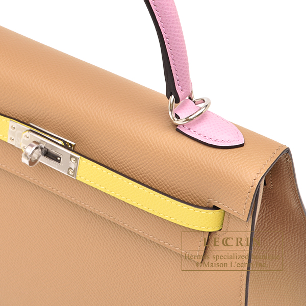 Hermes Kelly bag mini Tricolore Sellier Chai/Jaune citron/Mauve sylvestre  Epsom leather Silver hardware
