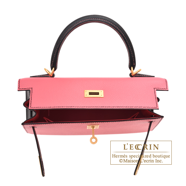 Hermes Personal Kelly bag 25 Sellier Rose azalee/Black Epsom leather Matt  gold hardware