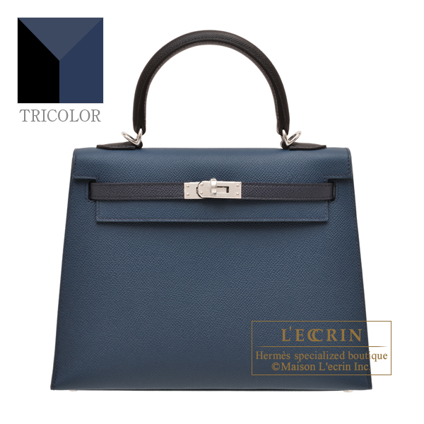 Hermes　Kelly Tricolore bag 25　Sellier　Blue de presse/Blue indigo/Black　Epsom leather　Silver hardware