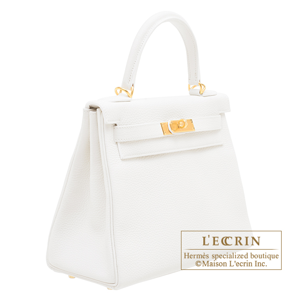 Hermes Kelly 28 Retourne Bag White Clemence Leather with Gold