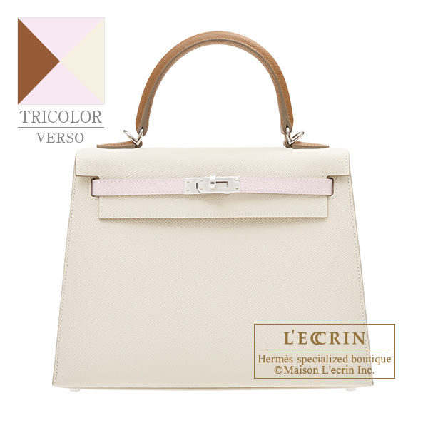 Hermes　Kelly Tricolore Verso bag 25　Sellier　Craie/Mauve pale/Gold/Mauve pale　Epsom leather　Silver hardware