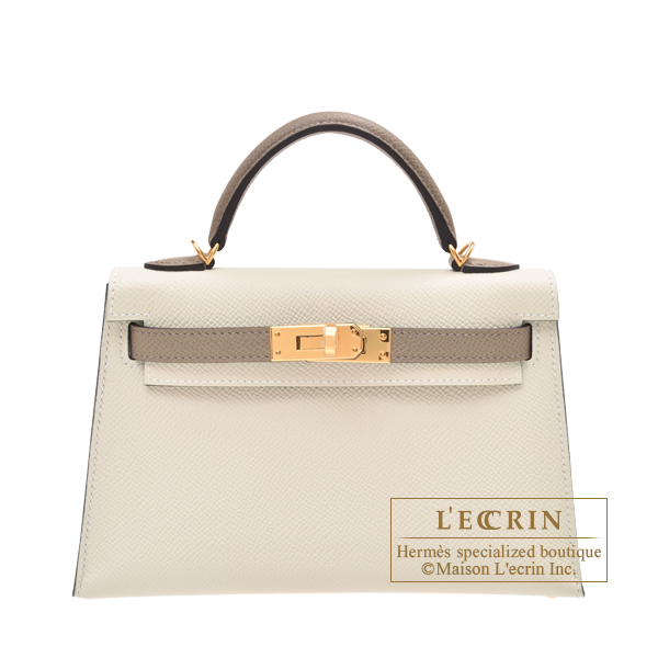 Hermes Personal Kelly bag mini Sellier Craie/Gris asphalt Epsom leather  Gold hardware