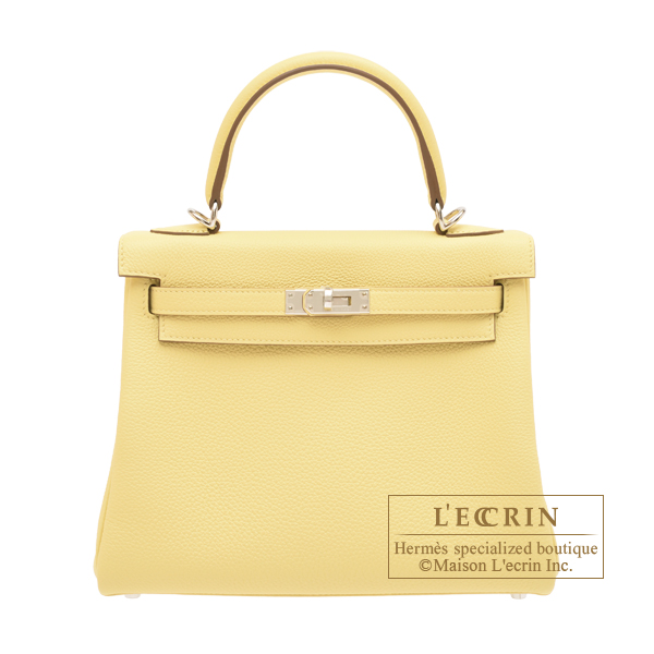 Hermes　Kelly bag 25　Retourne　Jaune poussin　Togo leather　Silver hardware