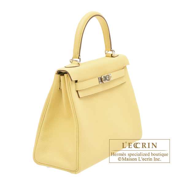 Hermes Kelly bag 25 Retourne Jaune poussin Togo leather Silver