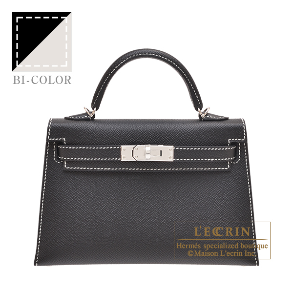 Hermes　Personal Kelly bag mini　Sellier　Black/　Pearl grey　Epsom leather　Silver hardware　White stitch