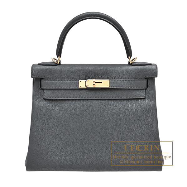 Hermes Kelly bag 28 Retourne Gris misty Togo leather Champagne gold hardware