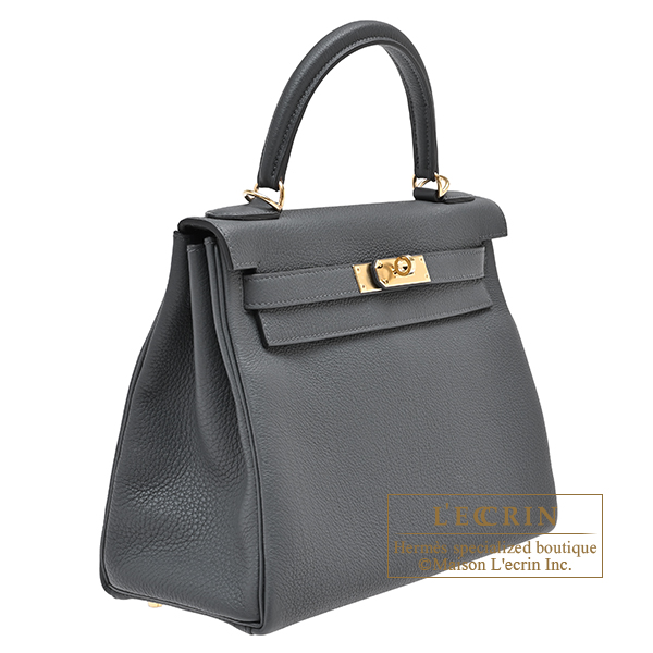 Hermes Kelly bag 28 Retourne Gris misty Togo leather Champagne gold hardware