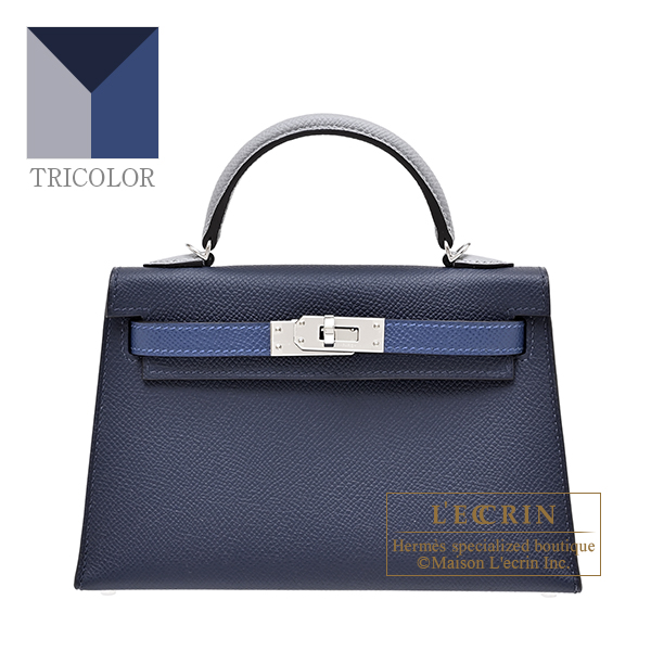 Hermes Kelly bag mini Tricolore Sellier Blue abysse/Blue tie/Gris pantin Epsom leather Silver hardware