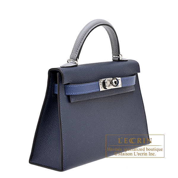 Hermes Kelly bag mini Tricolore Sellier Blue abysse/Blue tie/Gris pantin Epsom leather Silver hardware