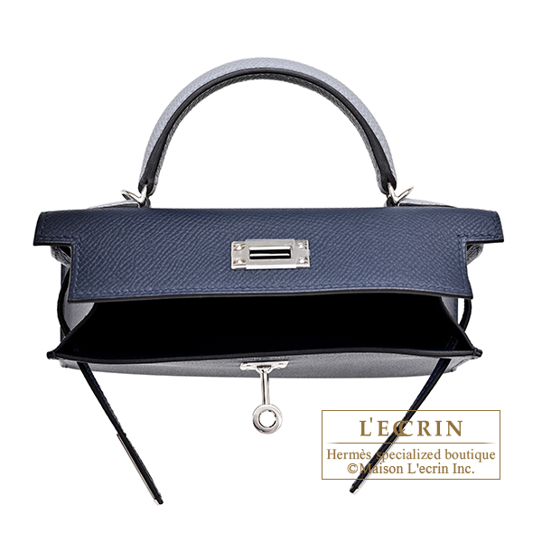 Hermes Kelly bag mini Tricolore Sellier Blue abysse/Blue tie/Gris pantin Epsom leather Silver hardware