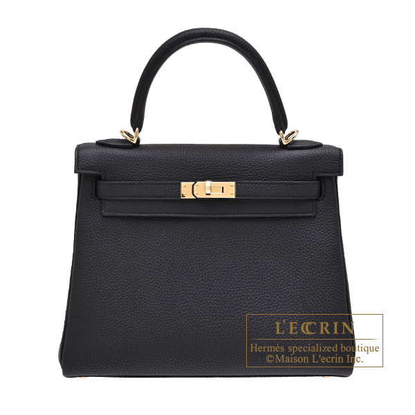 Hermes　Kelly bag 25　Retourne　Black　Togo leather　Champagne gold hardware