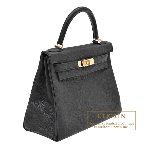 Hermes Kelly bag 28 Retourne Black Togo leather Champagne gold hardware
