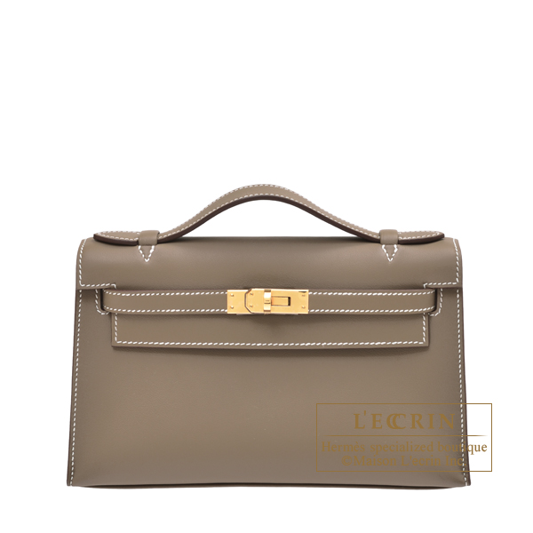 Hermes　Kelly pochette　Etoupe grey　Swift leather　Gold hardware
